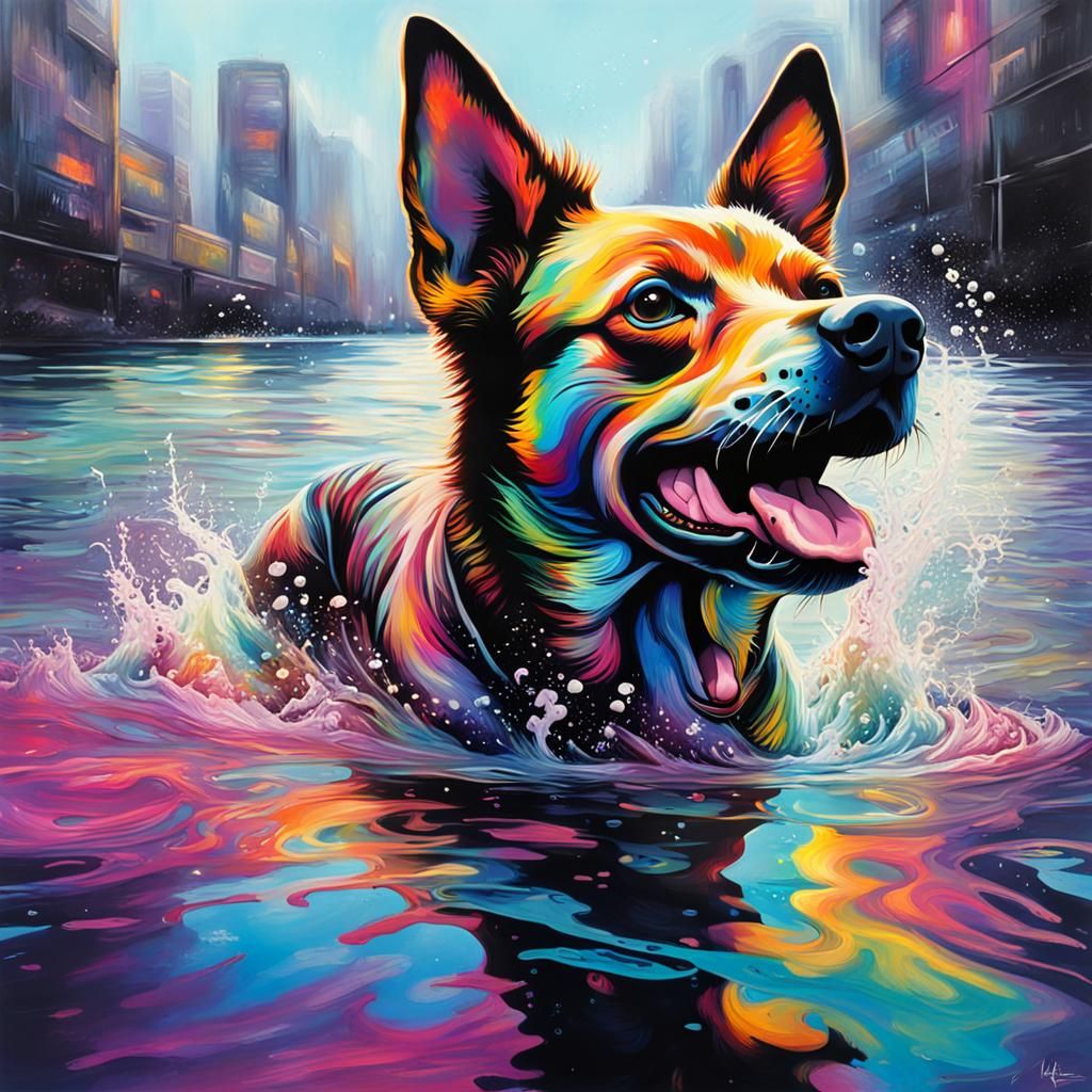 Iridescent Dog Swimming: Graffiti Street Art