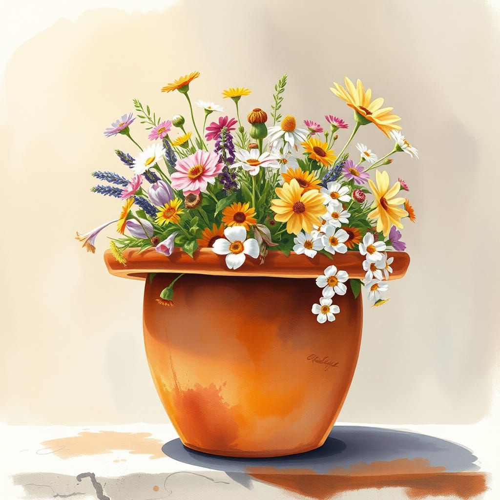 Terracotta Hat Pot with Wildflowers in Golden Sunlight