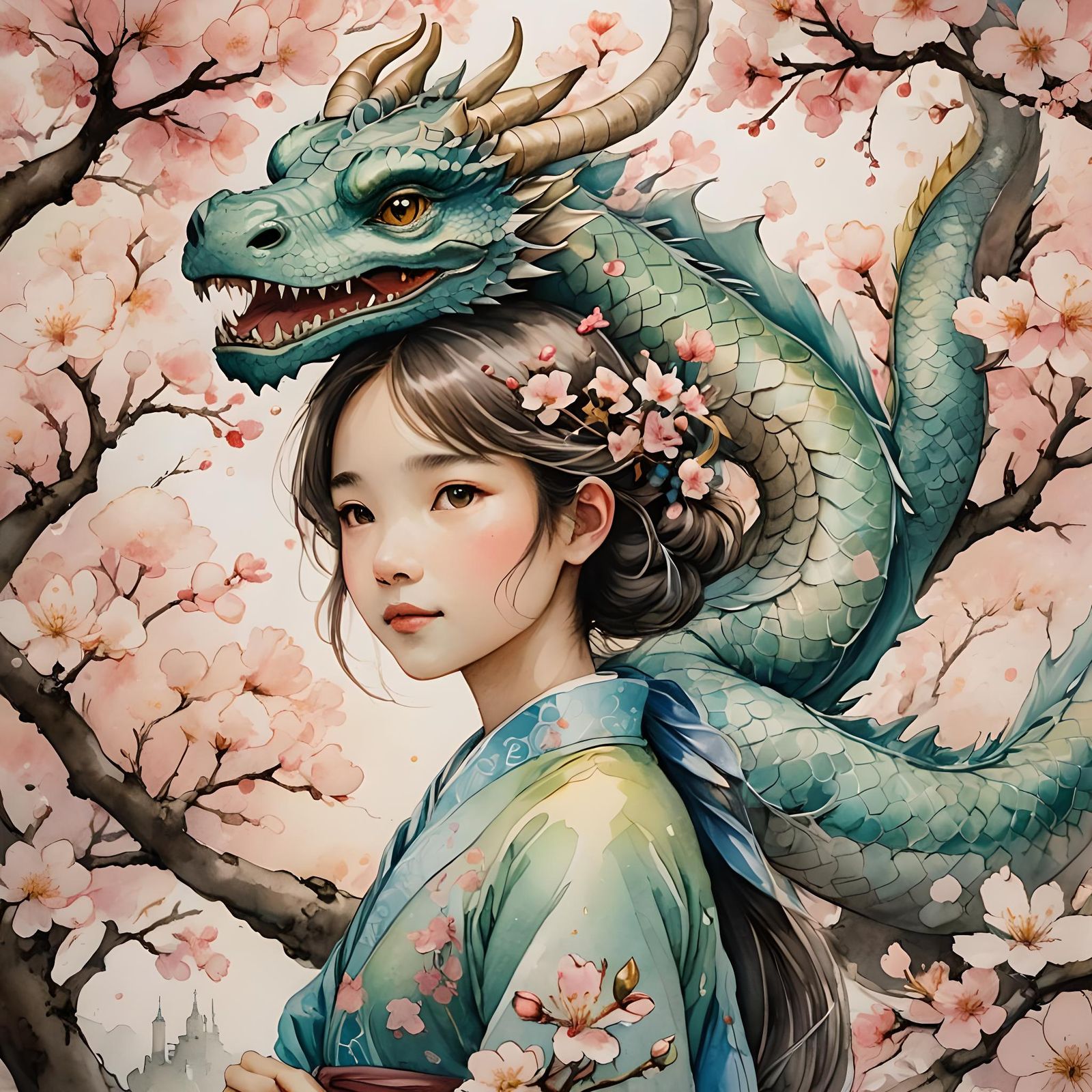 Girl Hugging Dragon in Ink and Watercolor