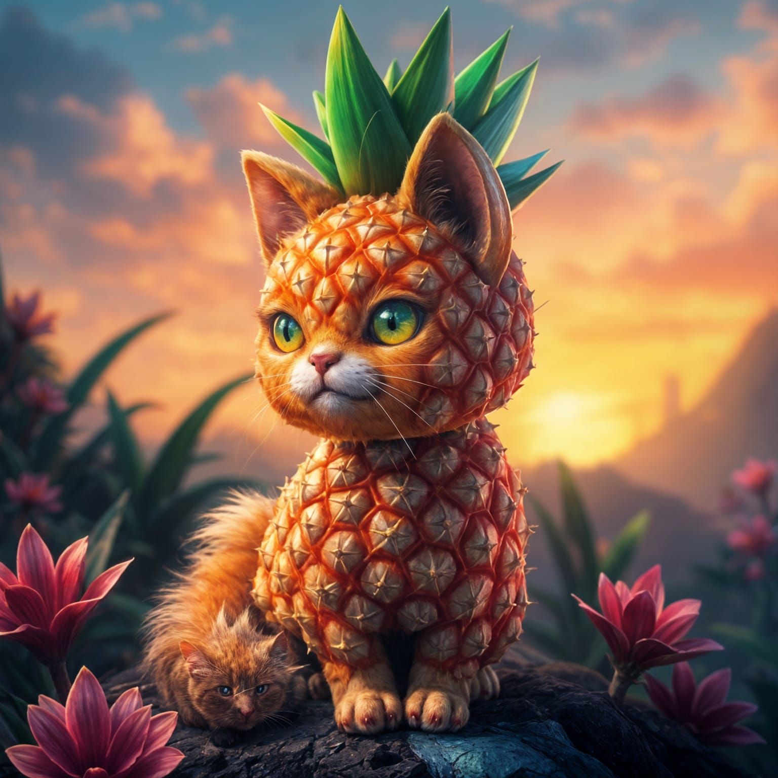 Whimsical Pineapple Cat Hybrid in Vibrant Dreamlike Landscap...