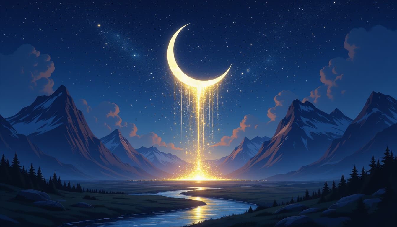 Golden Moon Particles Descend on Glowing Mountains