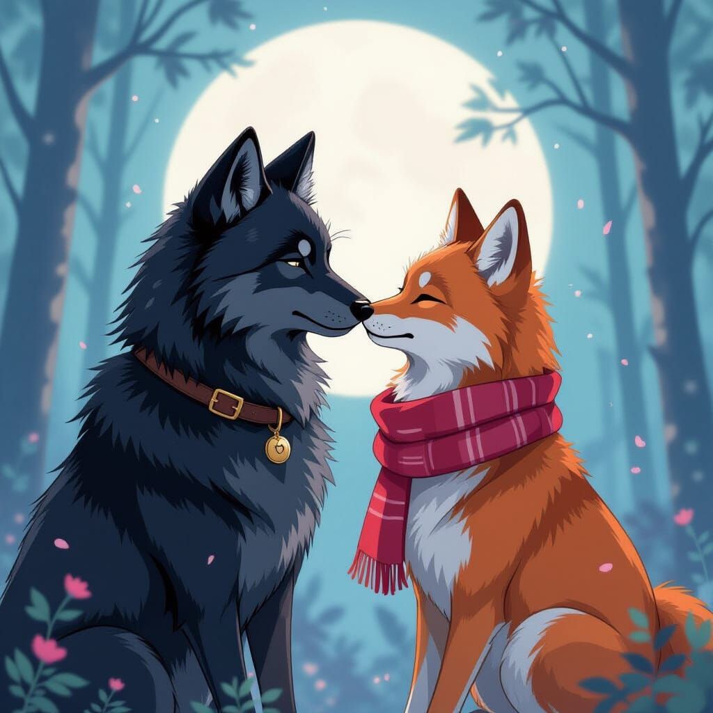 Romantic Wolves Kissing in Anime Moonlight Forest