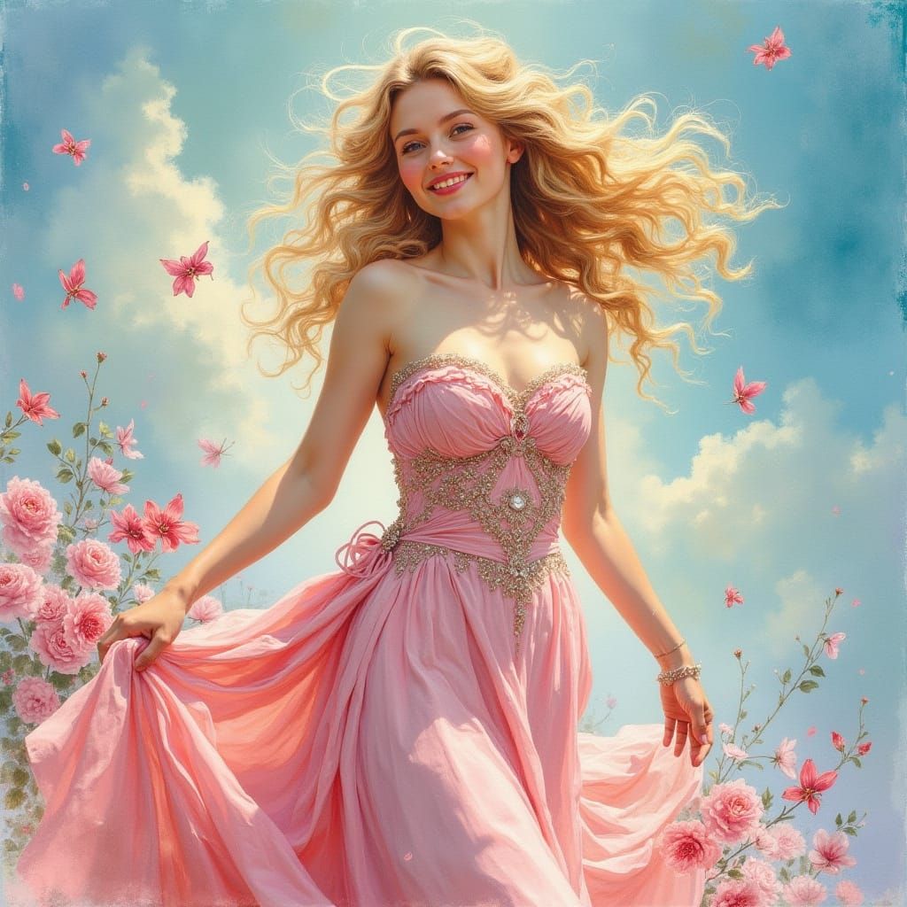 Surreal Victorian Aphrodite in Pastel Rainbow Robe, Aquarell...