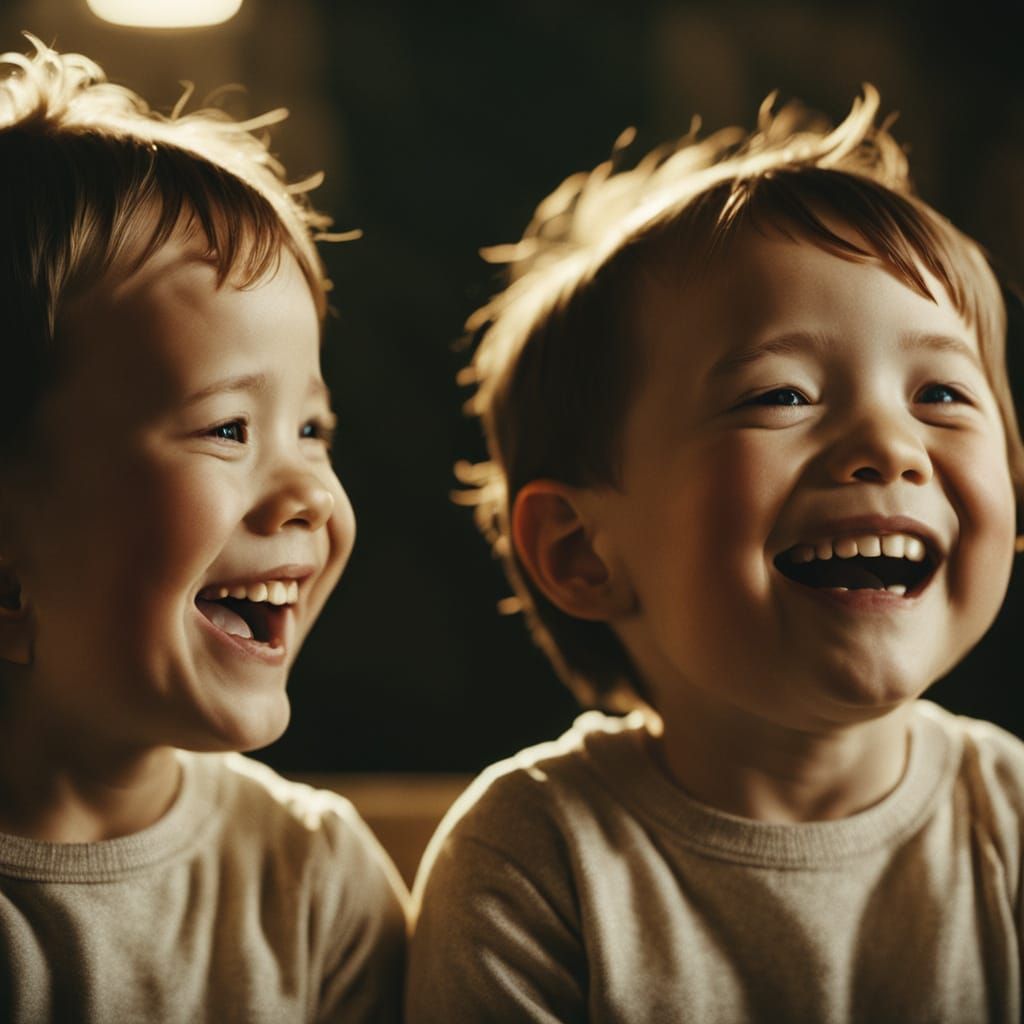 Happy Twin Toddlers Laughing in Golden Light