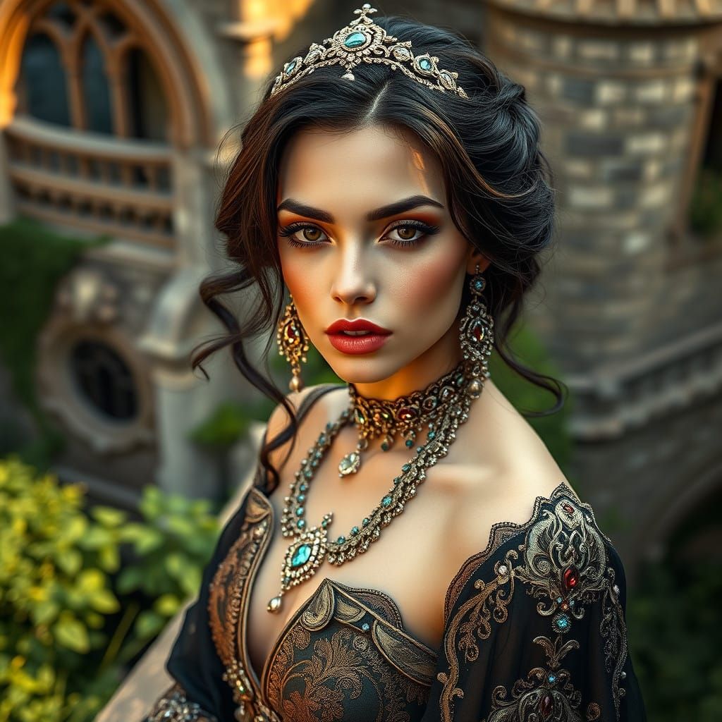 Exotic Princess in Regal Attire, Castle Balcony Portrait