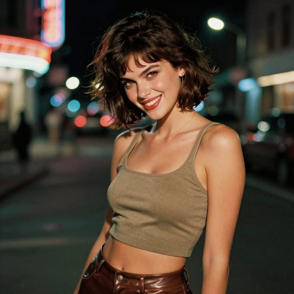 Sassy Brunette Girl Winks on Neon-Lit Street