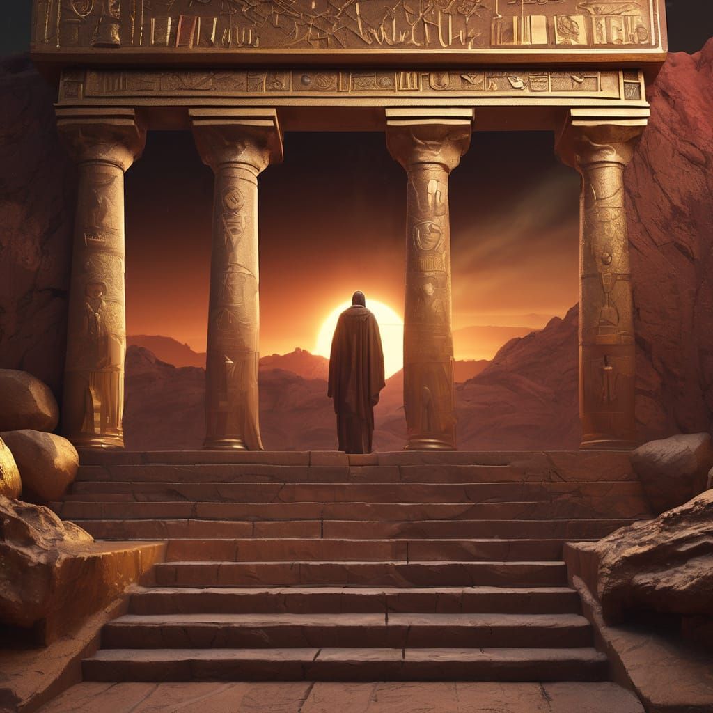 Messiah Stands Amidst Ancient Temple and Tomb in Soft Gold L...