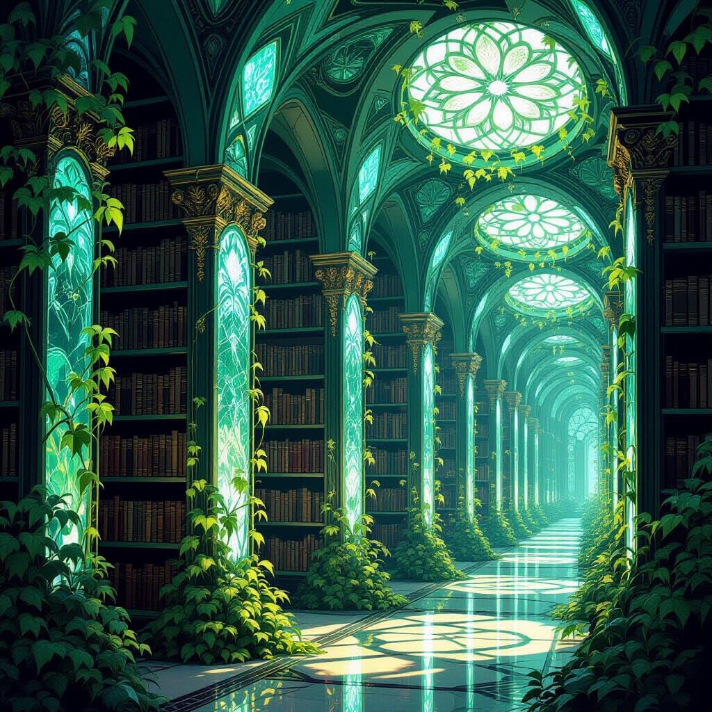 Bioluminescent Crystal Library with Exotic Vines