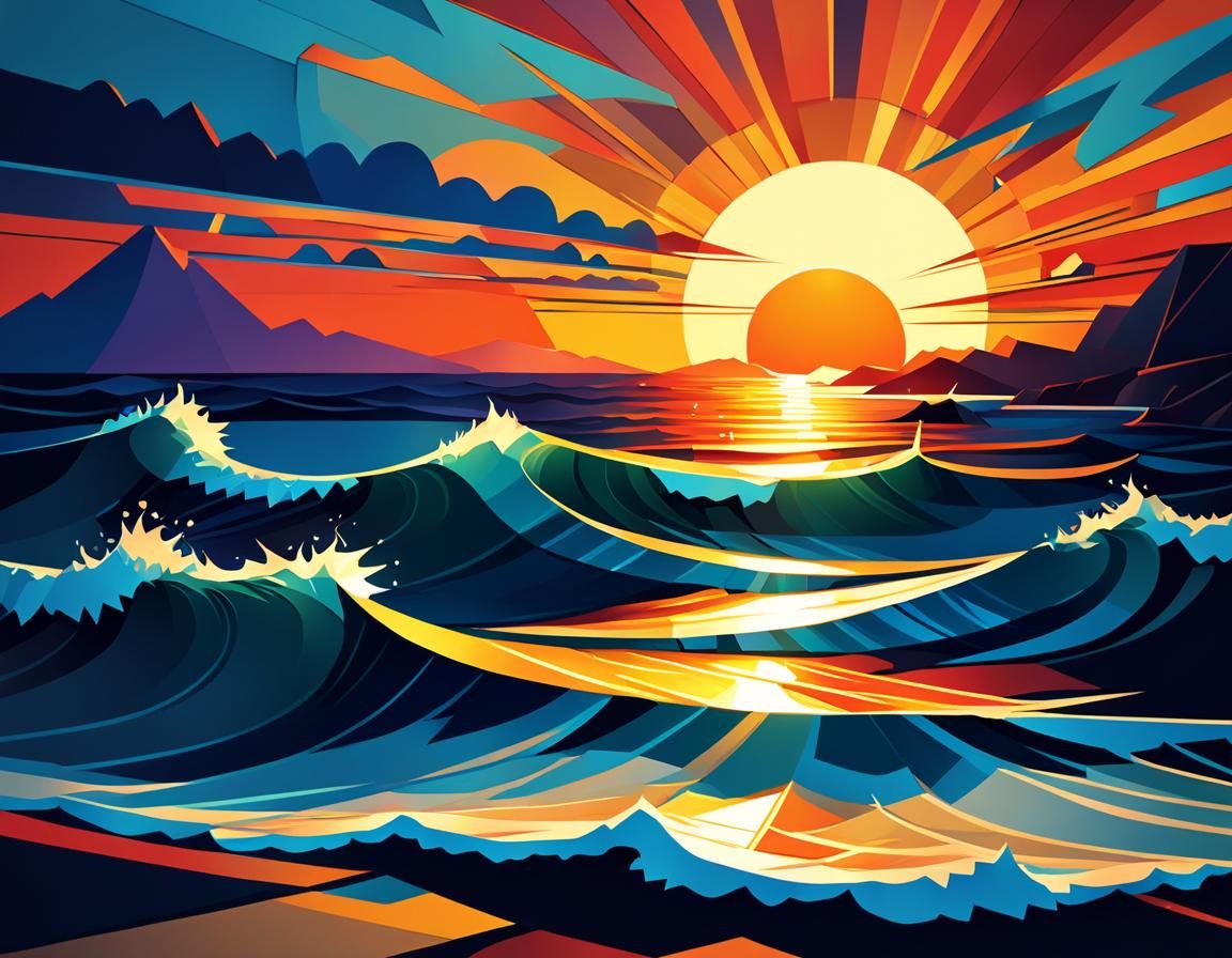 Sunset Over Ocean in Geometric Cubist Style
