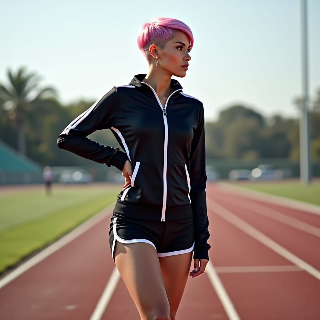 beautiful woman with pink hair in a pixie cut. hourglass shape. black with white pinstripe satin jogging suit/shorts wea...