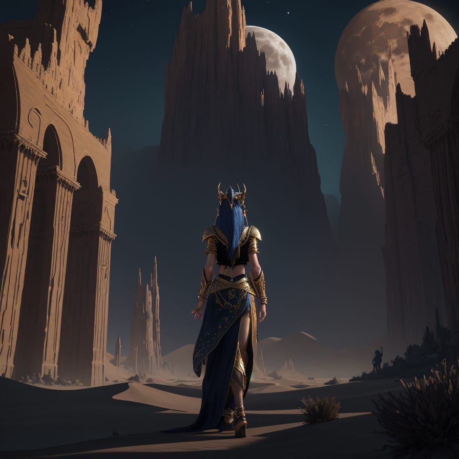 Goddess Ishtar's Desert Moonwalk: Fantasy Concept Art