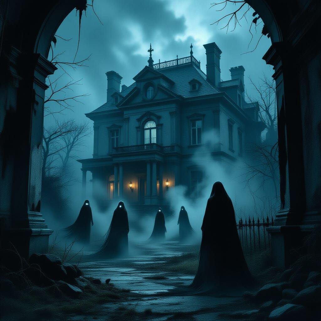 Ghostly Apparitions in Abandoned Mansion Midnight Horror Art