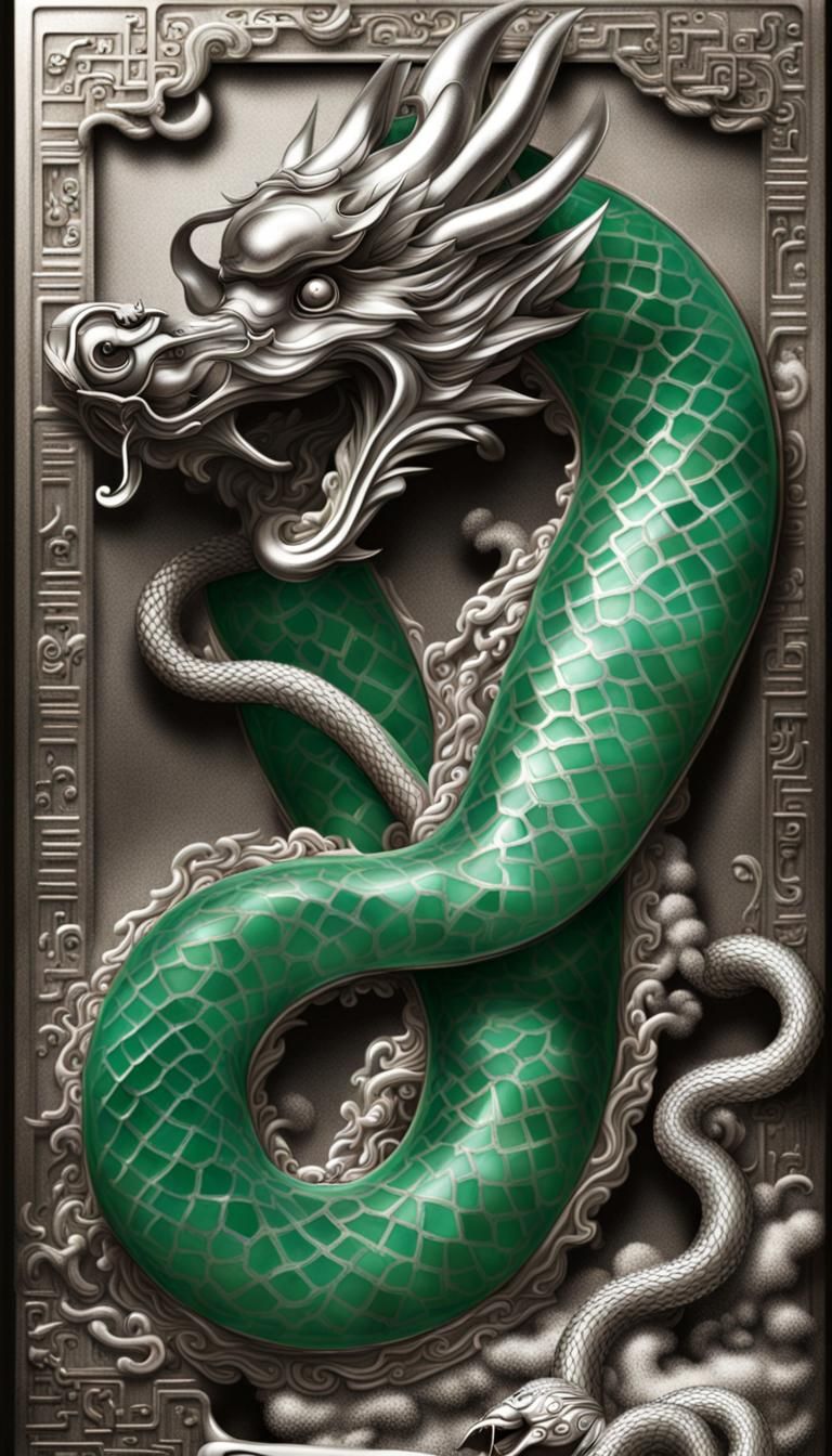 Clockwork Dragon-Snake in Silver and Jade