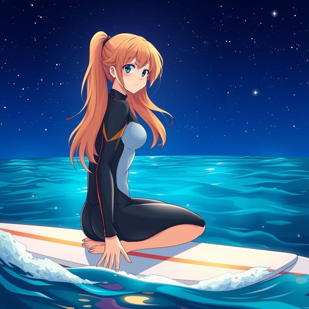 Female Surfer Under Starry Sky: Cel-Shaded Anime Art