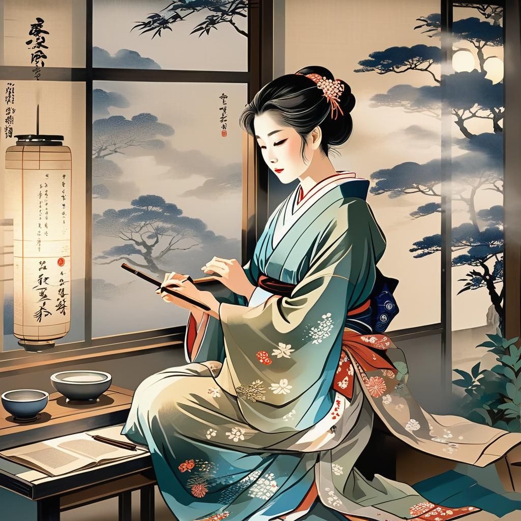 Ukiyo-e Woman Writing Poetry by Window
