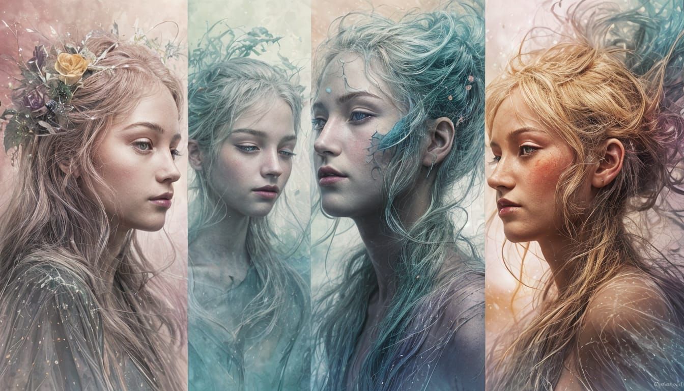 Seasonal Figures in Surrealist Ink Wash Painting