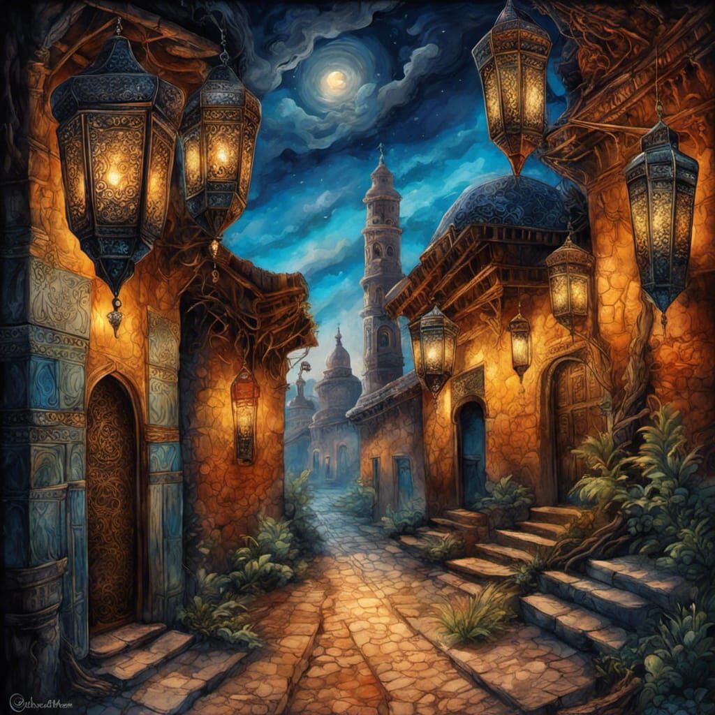 Moroccan Lanterns Light Dark Street in Watercolor