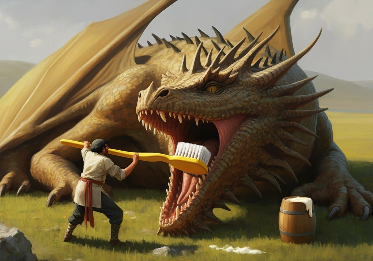 Peasant Brushing Dragon Teeth: Fantasy Scene