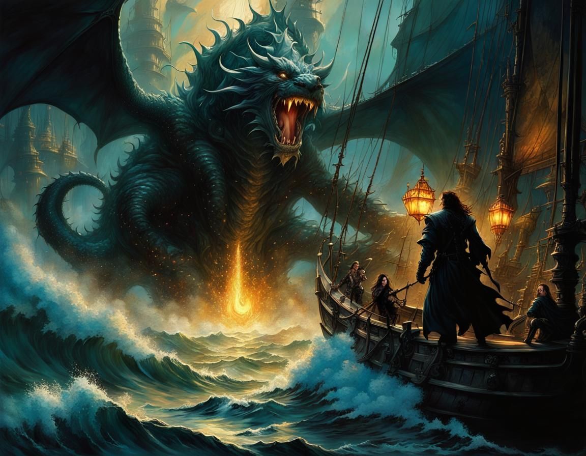Dark fantasy, sea monster vs galleon, with magic