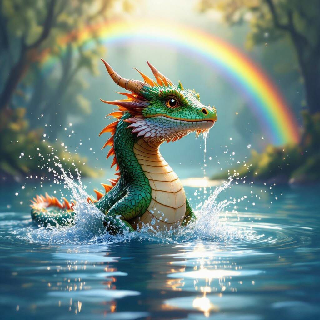 Cute Water Dragon Surfacing in Enchanted Lake