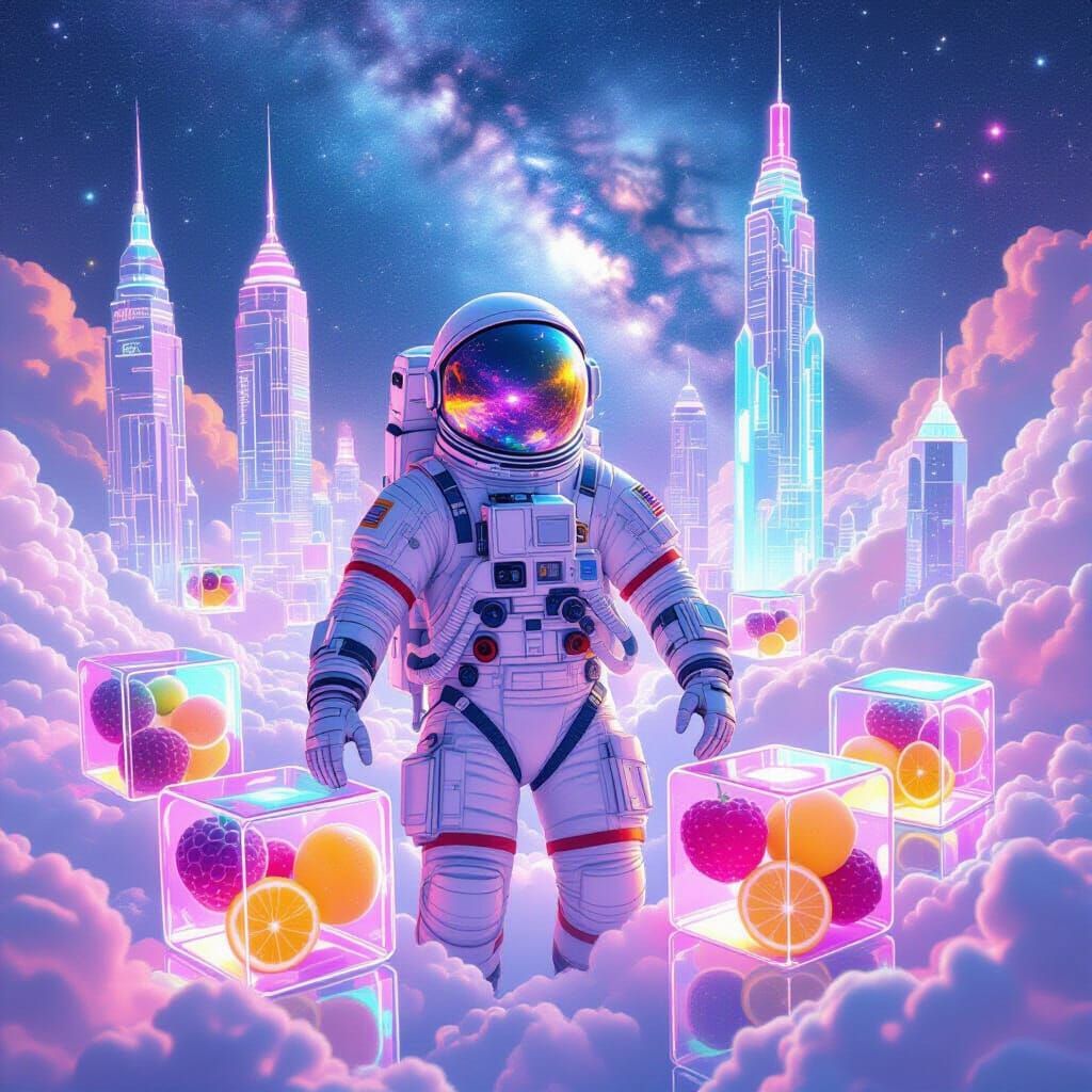 Astronaut Among Radiant Cubes in Galactic City