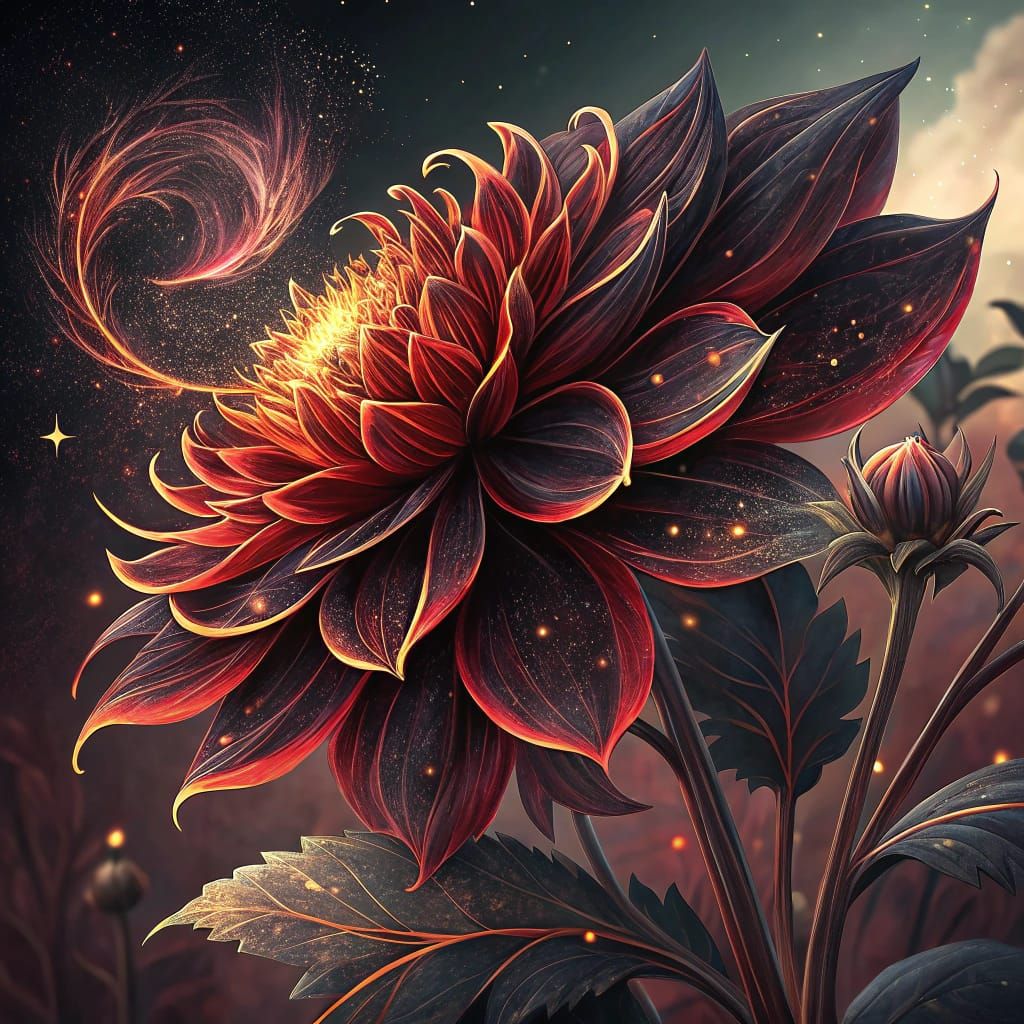 Black Flame Dahlia in Holographic Astral Cosmic Style