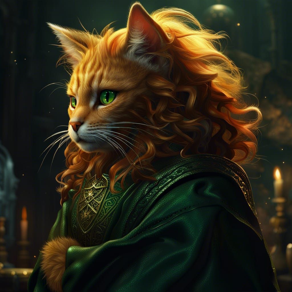 Mystic Cat in Green Robe: Fantasy Art