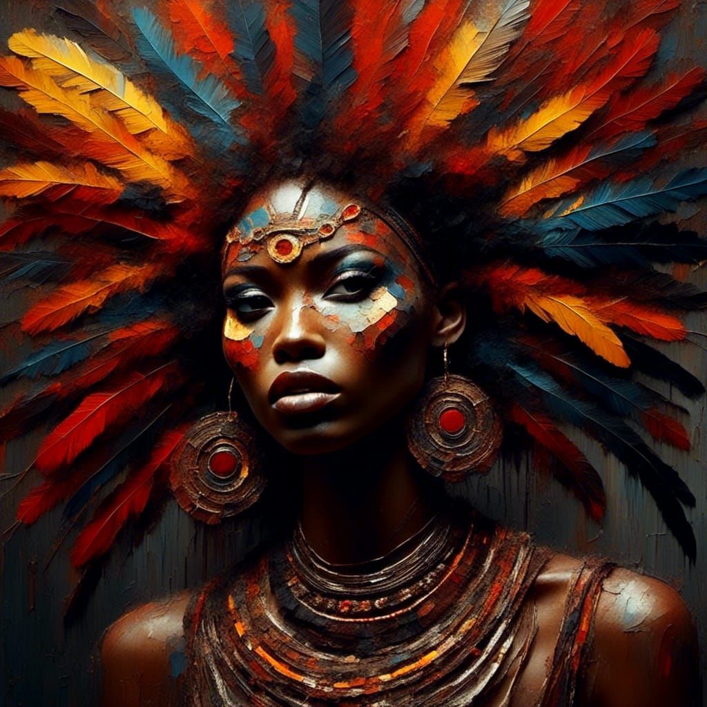 Stunning African Woman with Feathers and Vibrant Lights