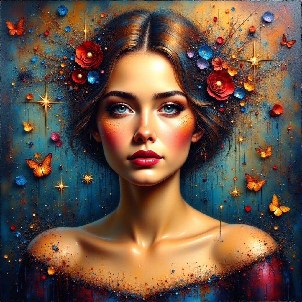 Gorgeous Woman in Starlight Gown, Impasto Oil Style