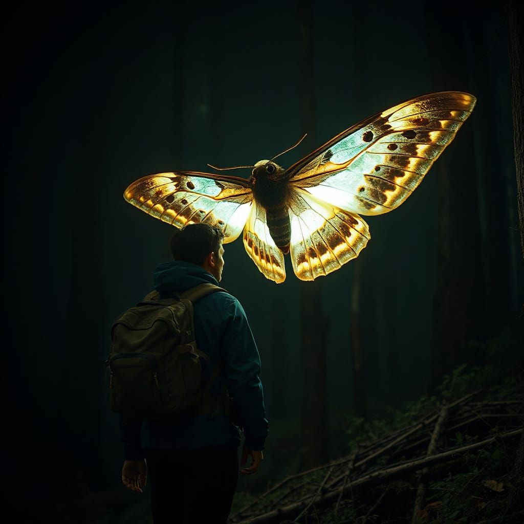 Luminescent Moth Illuminates Hiker in Dark Forest