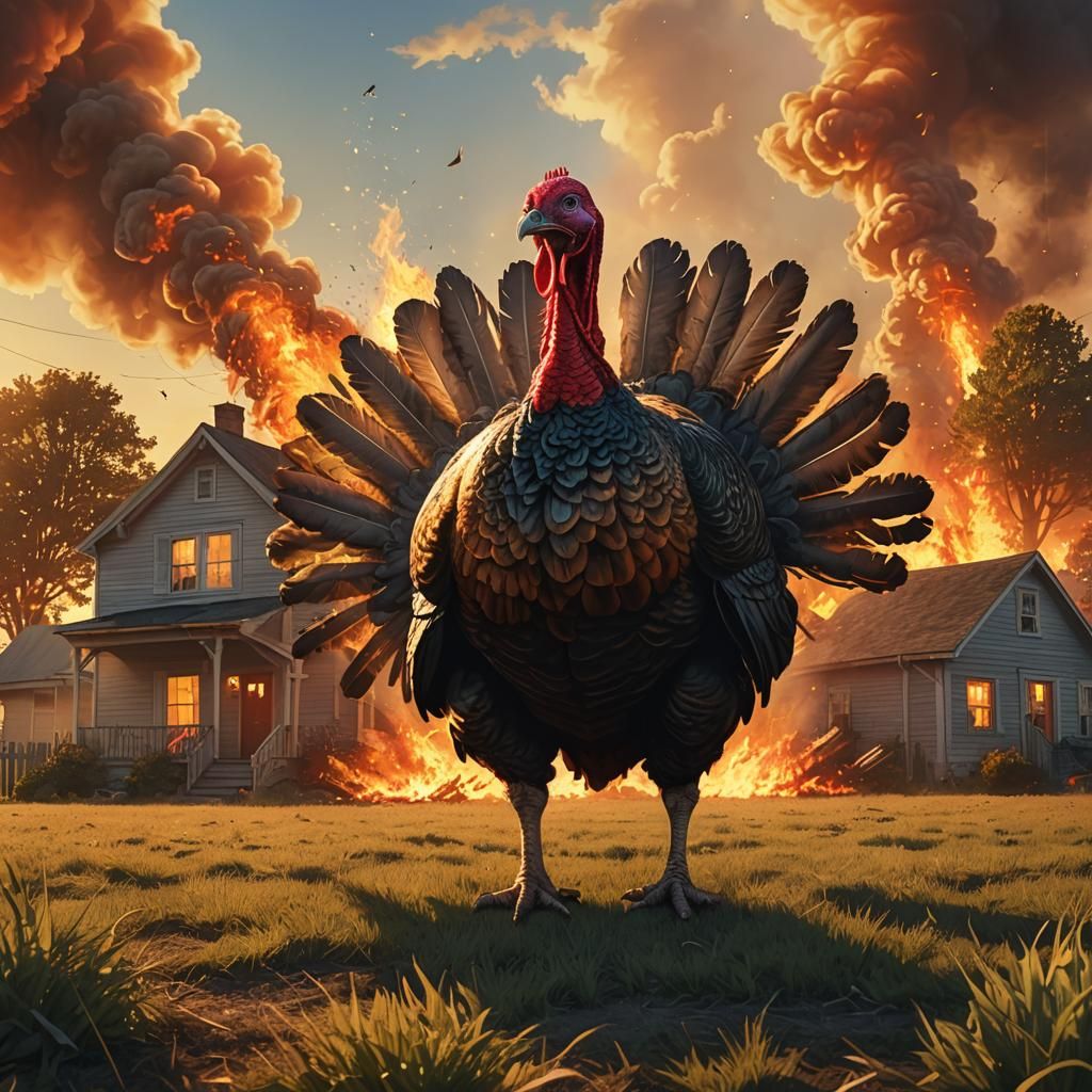 Giant Turkey Observes Burning House in Digital Art
