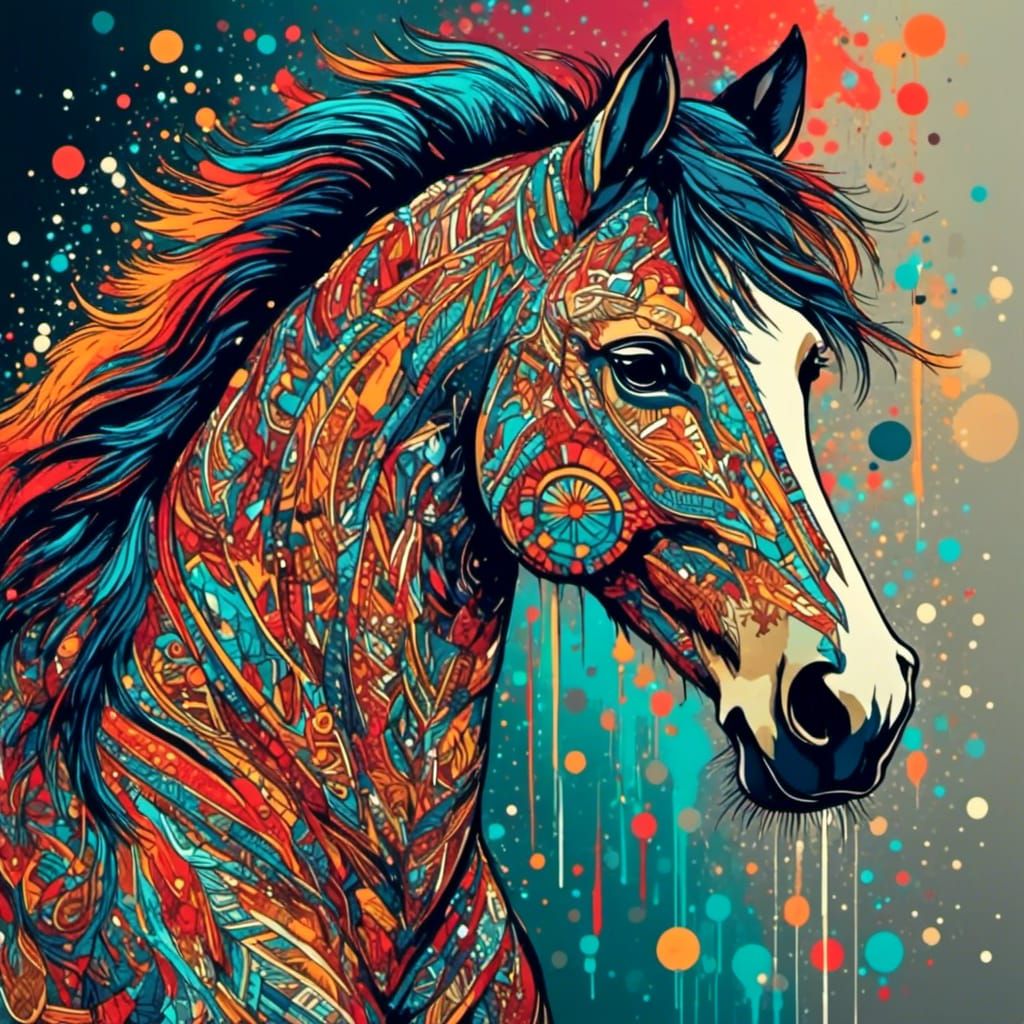 Wild Horse with Aztec Background in Screen Print Style