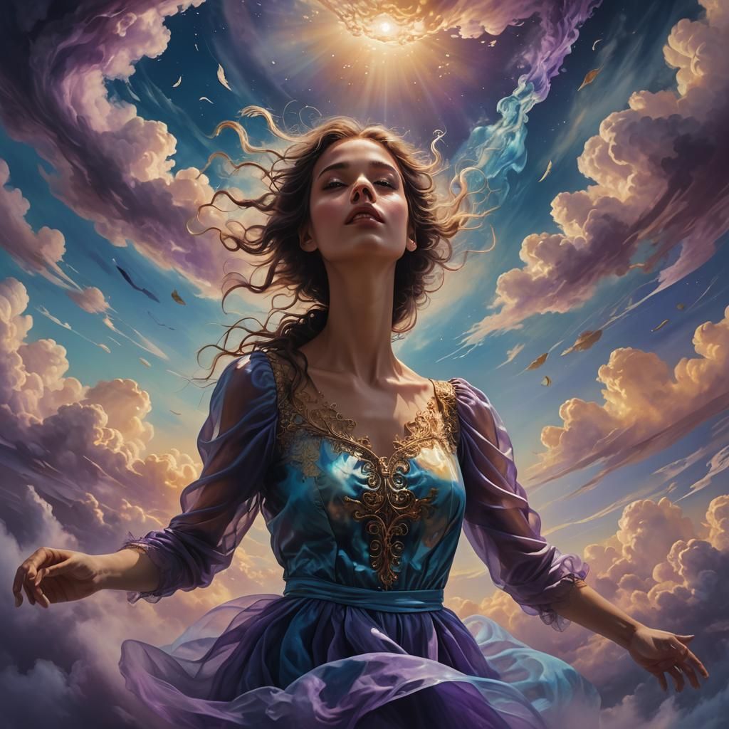 Woman Floating in a Surreal Sky: Oil and Digital Painting