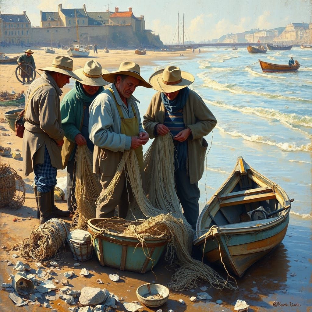 Fishermen at the Shore in Impressionist Style