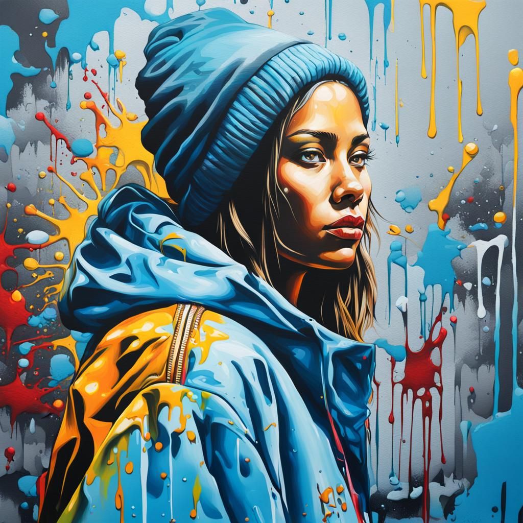 Colorful Graffiti Art Lady in Light Blue