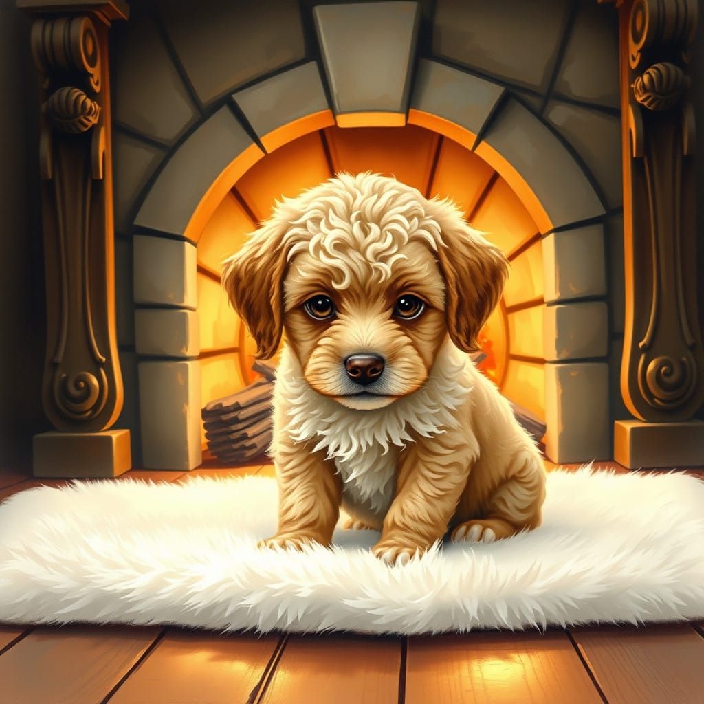 Cozy Puppy Scene in Whimsical Watercolor Style