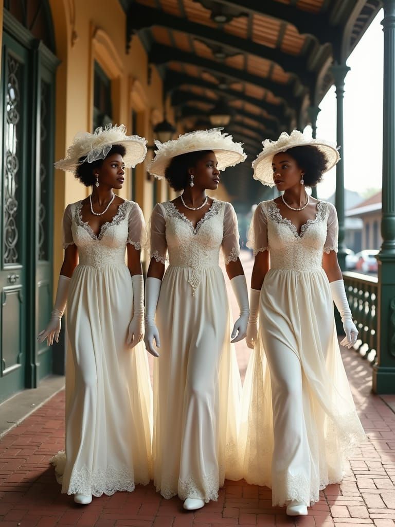 Elegant Women in White Dresses at Train Station
