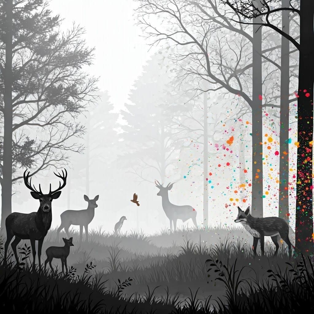 Monochrome Forest Scene with Colorful Ink Splatters