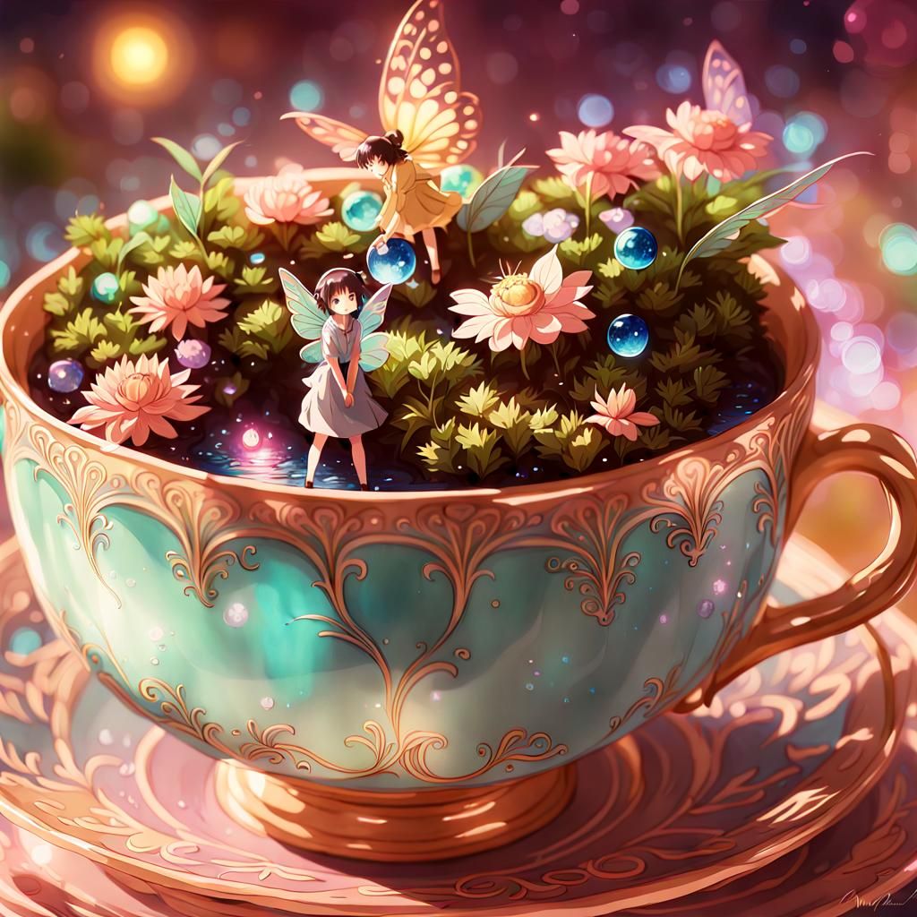 Fairies in Teacup: Anime Dreamscape with Vaporwave Colors