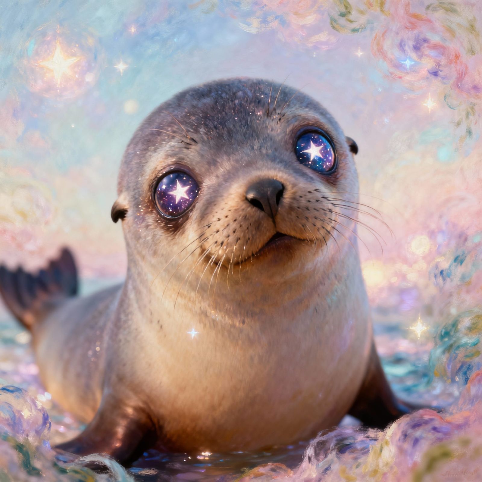 Adorable Sea Lion With Starry Eyes, Ethereal Surrealism