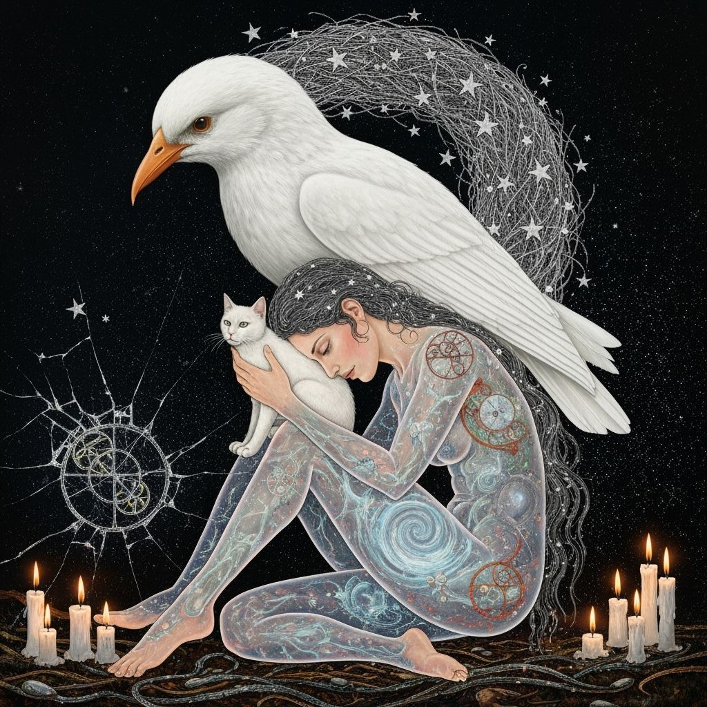 Ethereal Woman with Cat Amidst Bioluminescent Stars and Bird...