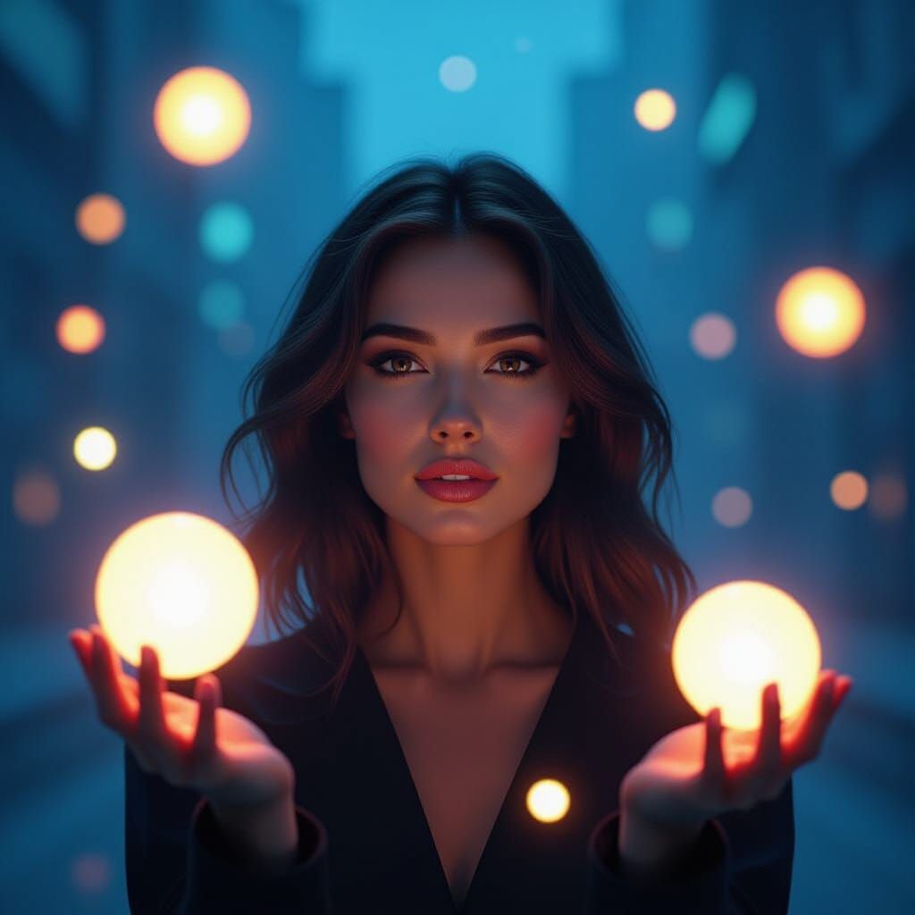 Woman Surrounded by Mesmerizing Lights in Futuristic Style