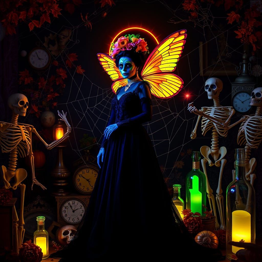Day of the Dead Woman in Surreal Halloween Scene