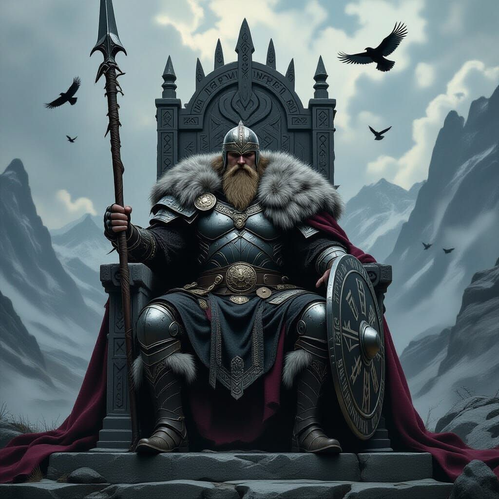 Norse Emperor on Stone Throne in Dark Fantasy Style