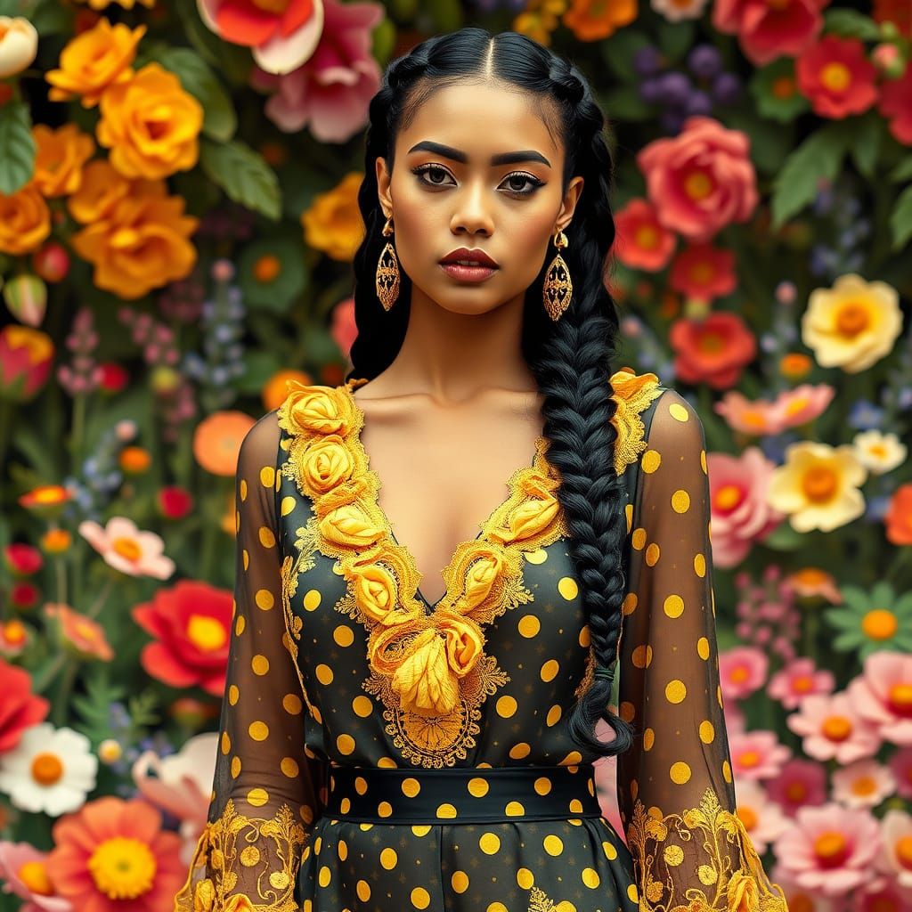 Model in Haute Couture Jumpsuit, Impressionist Garden