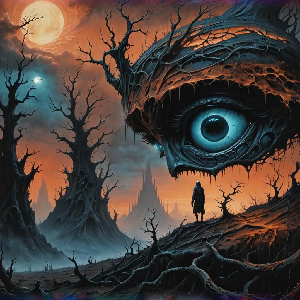 Dark Surrealism Figure in Desolate Landscape