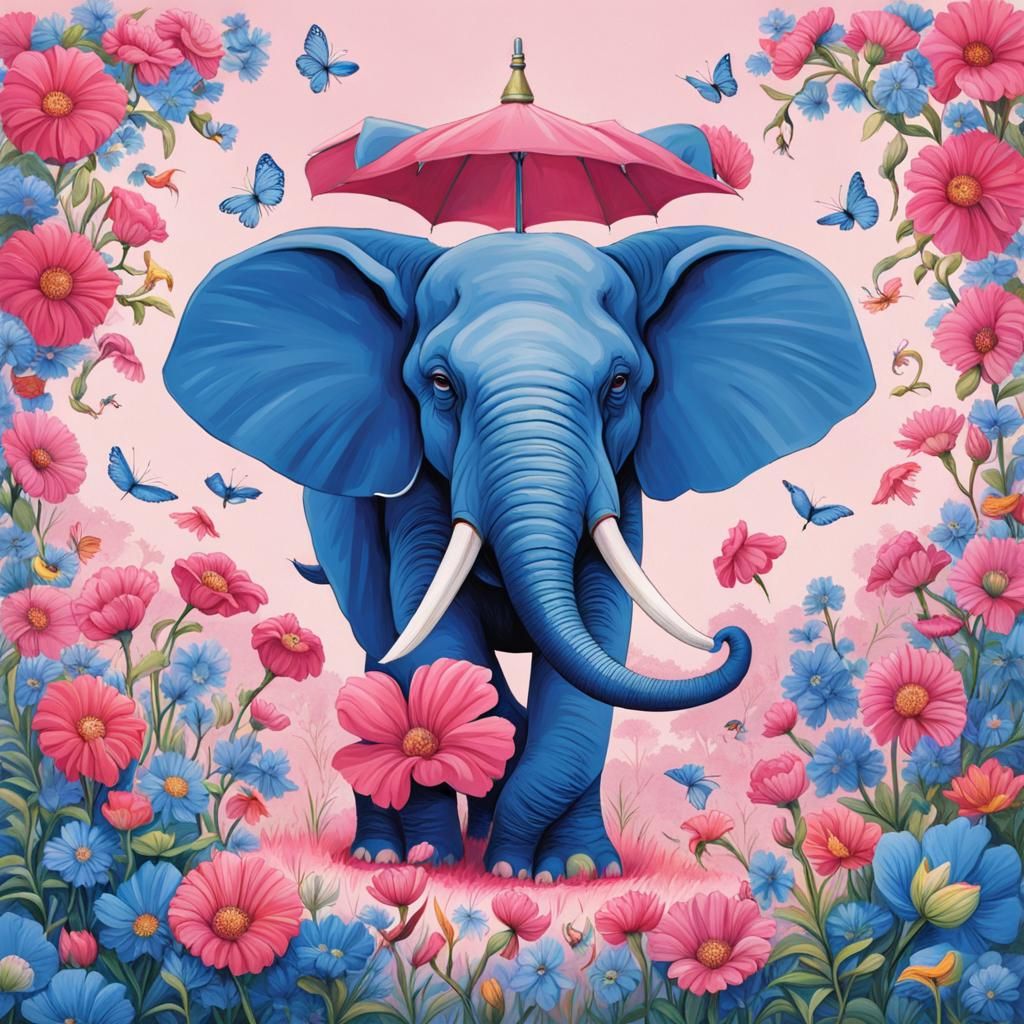 Pink Elephant's Dance in a Blue Flower Field