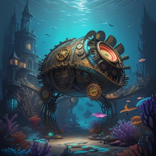 Bioluminescent Clam Door in Underwater Steampunk City