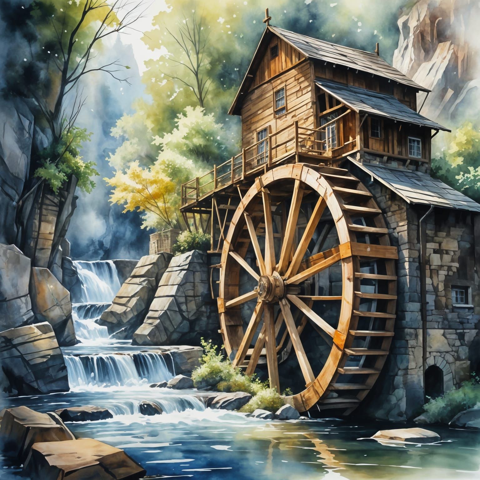 Serene Waterwheel in a Rocky Gorge