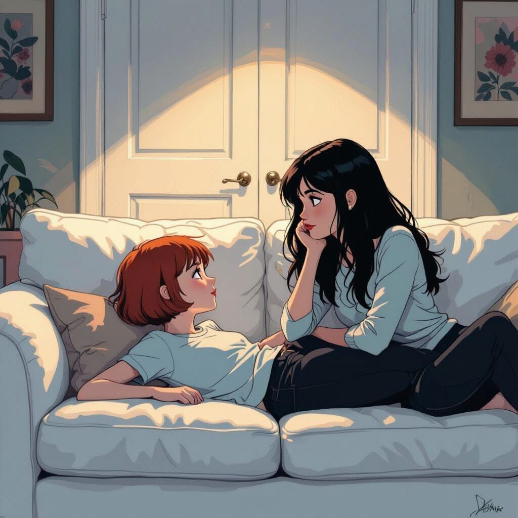 Two Girls on Sofa in Comic Book Style